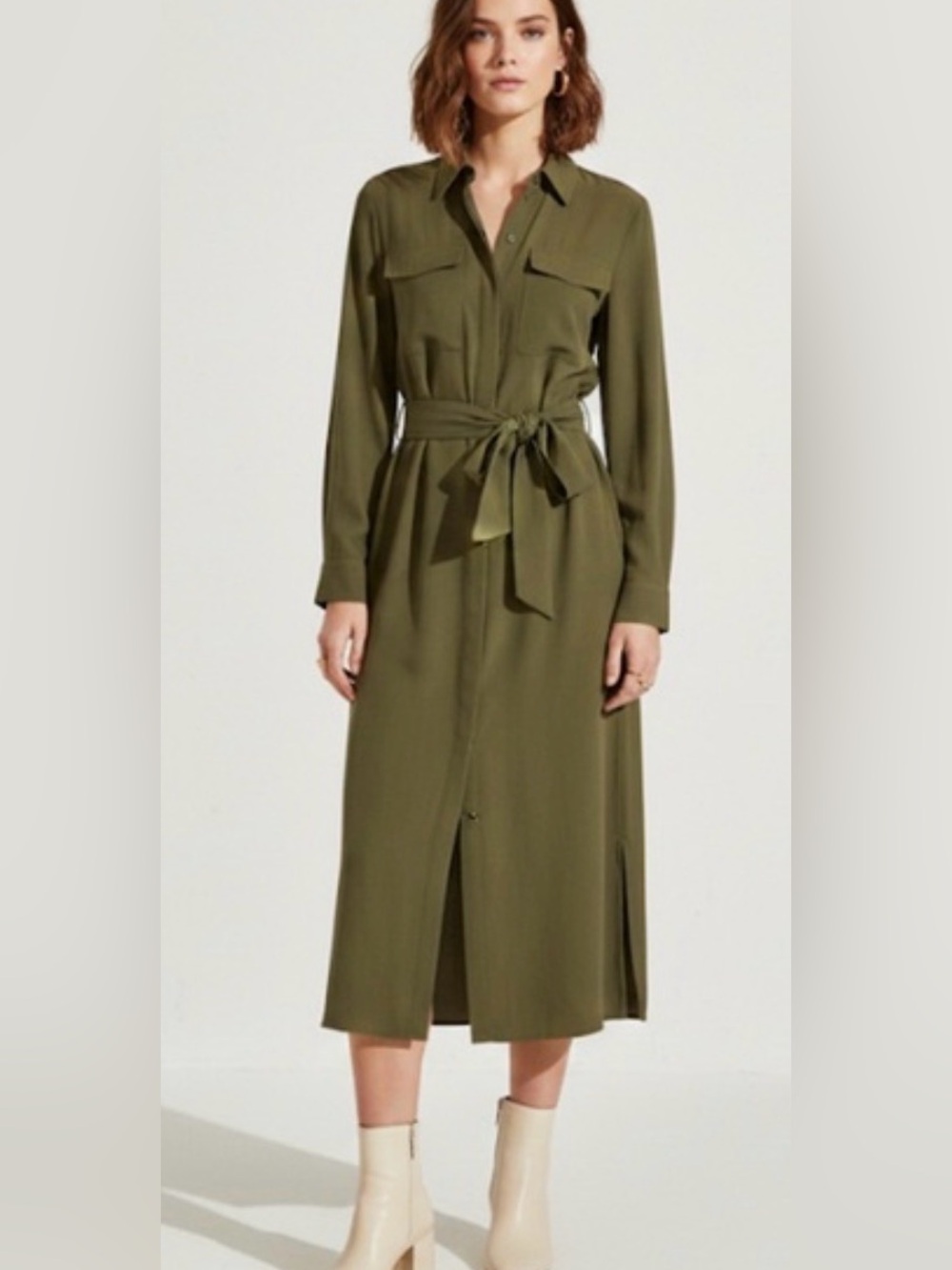 Polo Ralph Lauren Mulberry Silk Olive Green Shirt Dress with Tie Belt NWT Sz 14